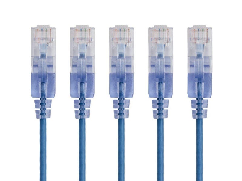 Monoprice - 129425 SlimRun Cat6A Ethernet Patch Cable - Snagless RJ45 UTP Pure Bare Copper Wire 10G 30AWG 2ft Blue 5-Pack - Image 1